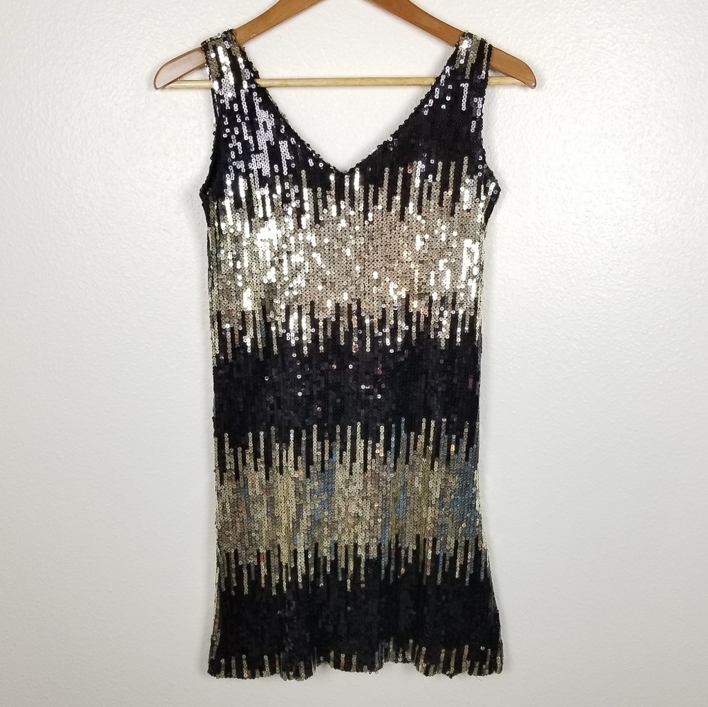 By Deep Los Angeles Sequin Dress Black Gold Stripe
